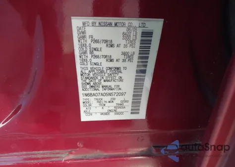 2005 Nissan Titan Se from USA, damaged, VIN 1N6BA07A05N572097